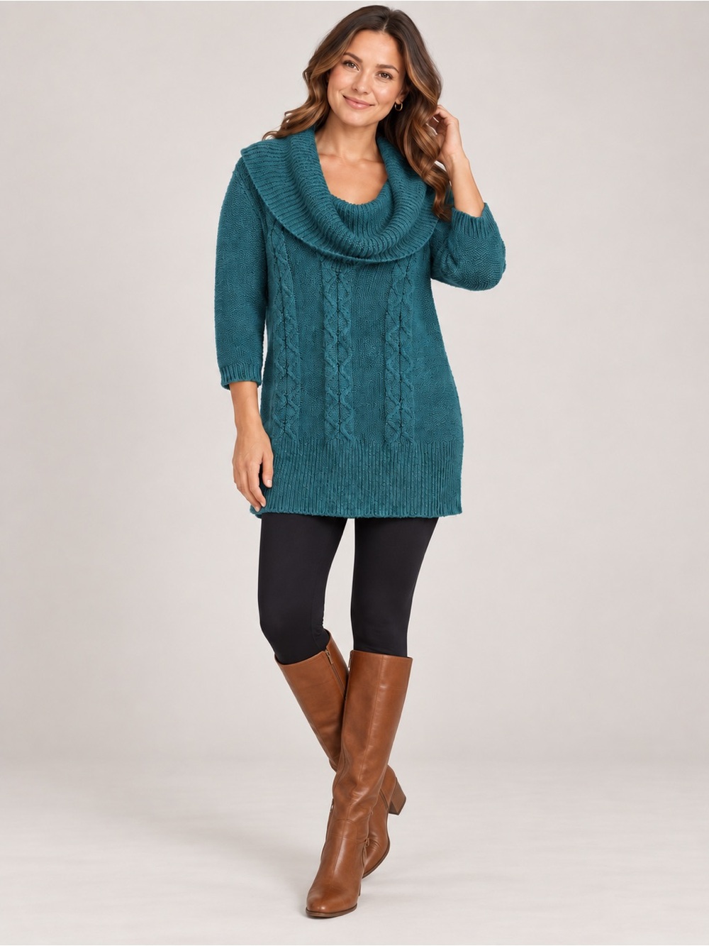 Dressbarn Women’s Medium Teal Cable Knit Cowl Neck Tunic Sweater 3/4 Sleeve
